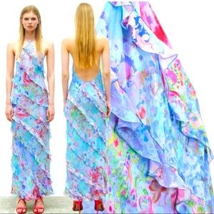NWT✨ZARA WOMAN LONG HALTER FLARED HEM NECK PRINTED DRESS WITH FRILLS